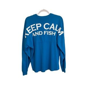 Above Wings Keep Calm and Fish Long Sleeve Graphic Shirt Teal Blue Mens Size M